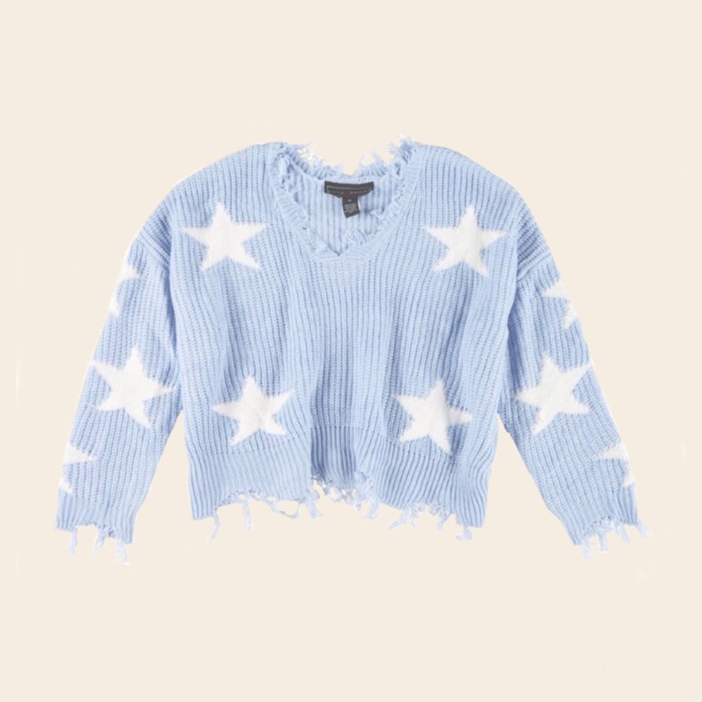 light blue star distressed sweater